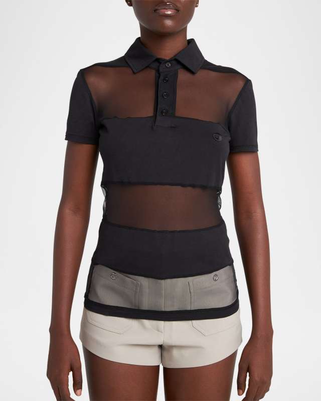 Sheer Striped Short-Sleeve Polo Top